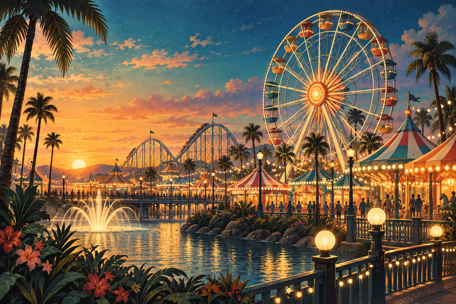 Original vintage illustration of a brightly lit amusement park at twilight